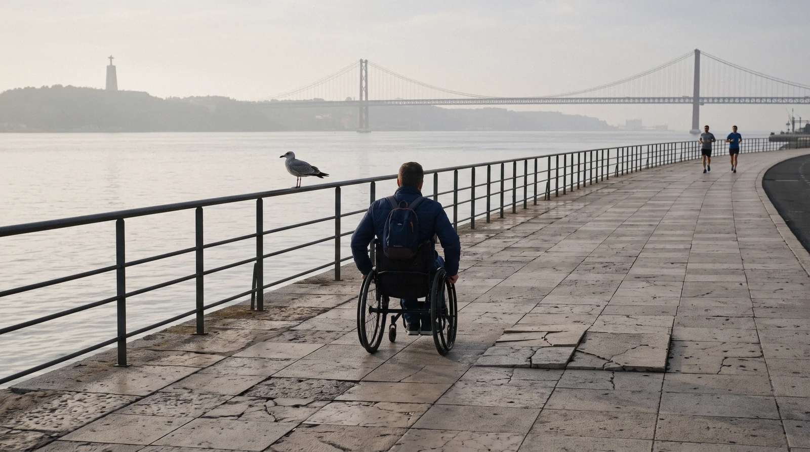 A wheelchair user on the flat riverside promenade at Belém with the 25 de Abril bridge behind, the level side of Lisbon accessibility