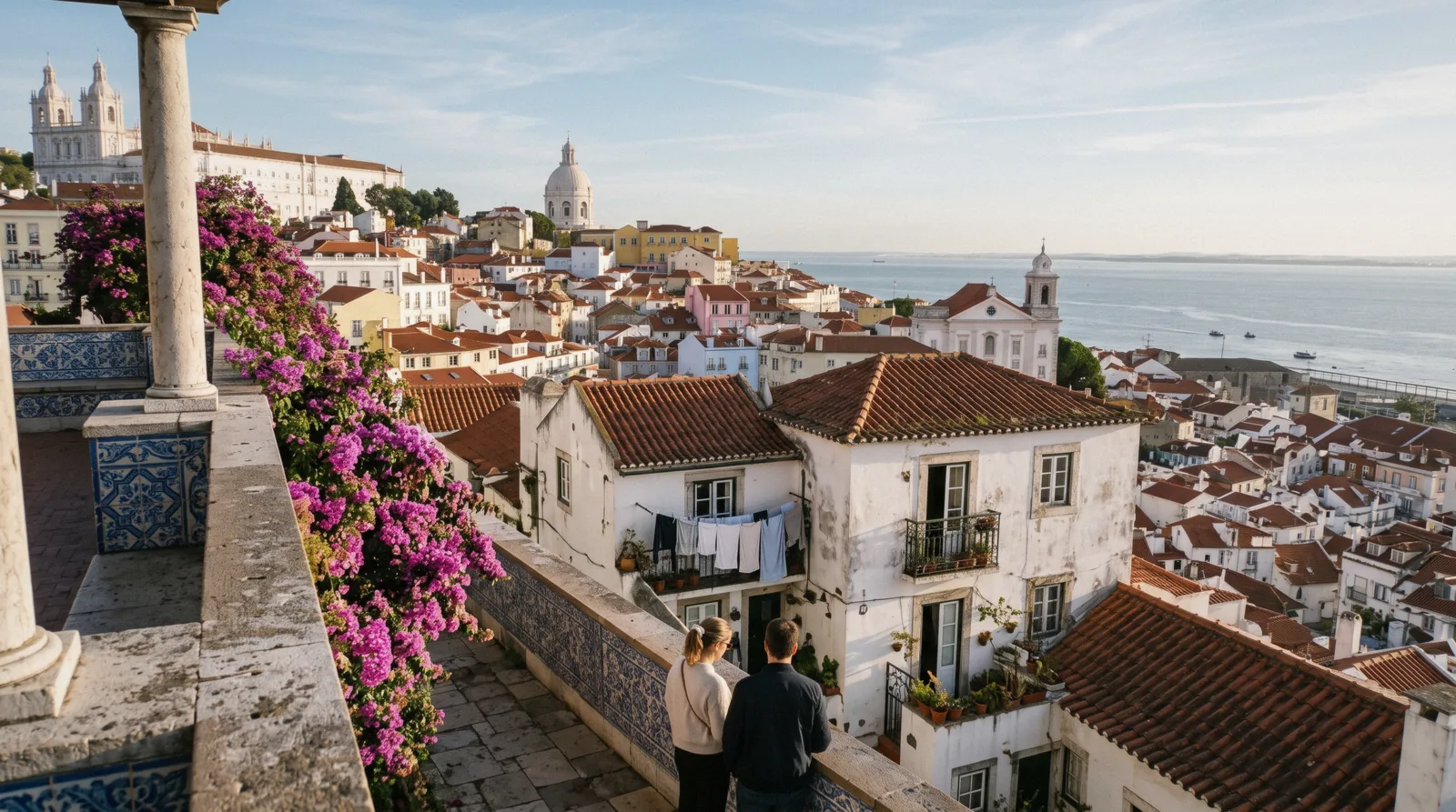 Terracotta rooftops of Alfama from Miradouro de Santa Luzia at 08:20 with the dome of the National Pantheon and the Tagus behind, Alfama Lisbon