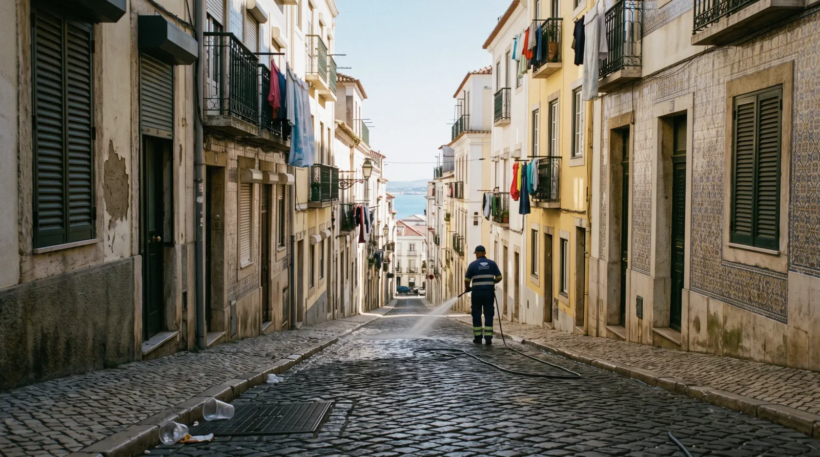 A narrow Bairro Alto street at 09:20 with shutters down, a street cleaner hosing the cobbles and tiled façades catching low sun, Bairro Alto Lisbon