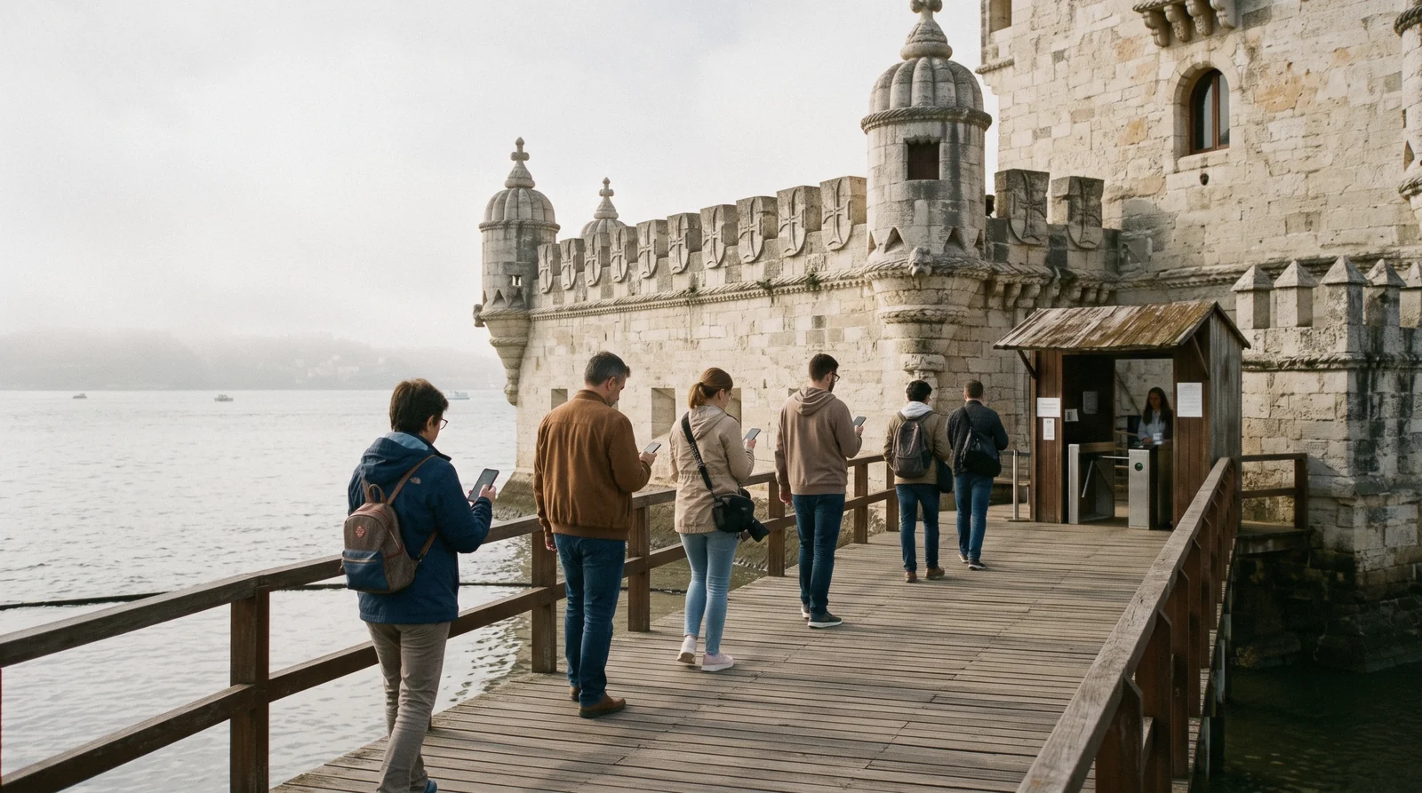 The footbridge and ticket control at the entrance to Belém Tower at 09:25, a short line of visitors with phones out, Belém Tower tickets Lisbon