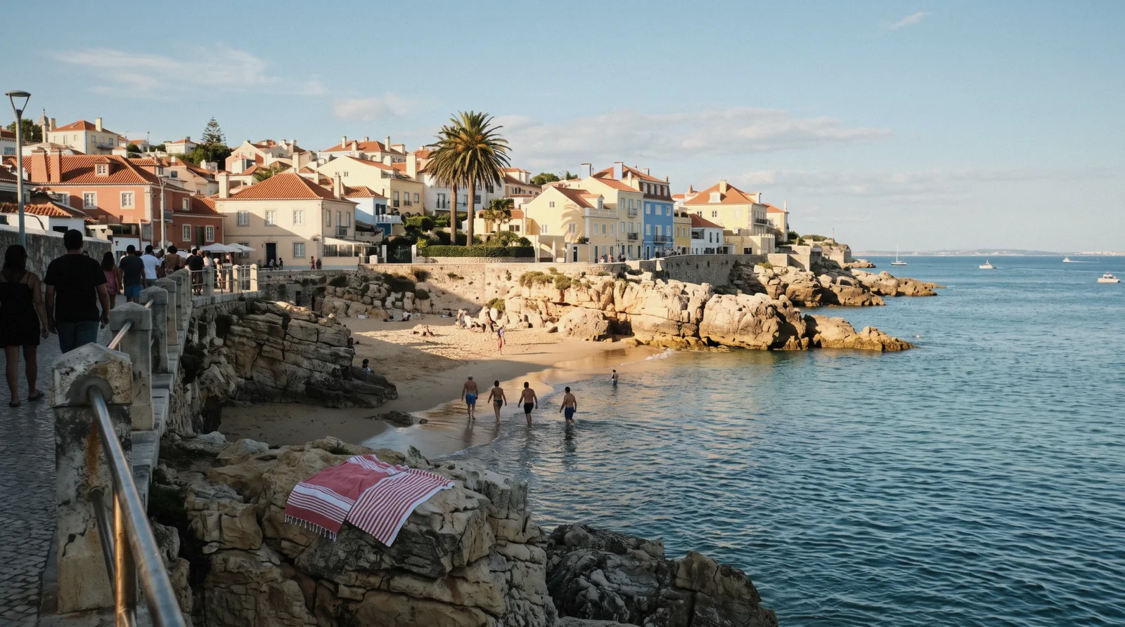 Praia da Rainha and the pastel seafront of Cascais from Lisbon's coastal train line in late-afternoon light