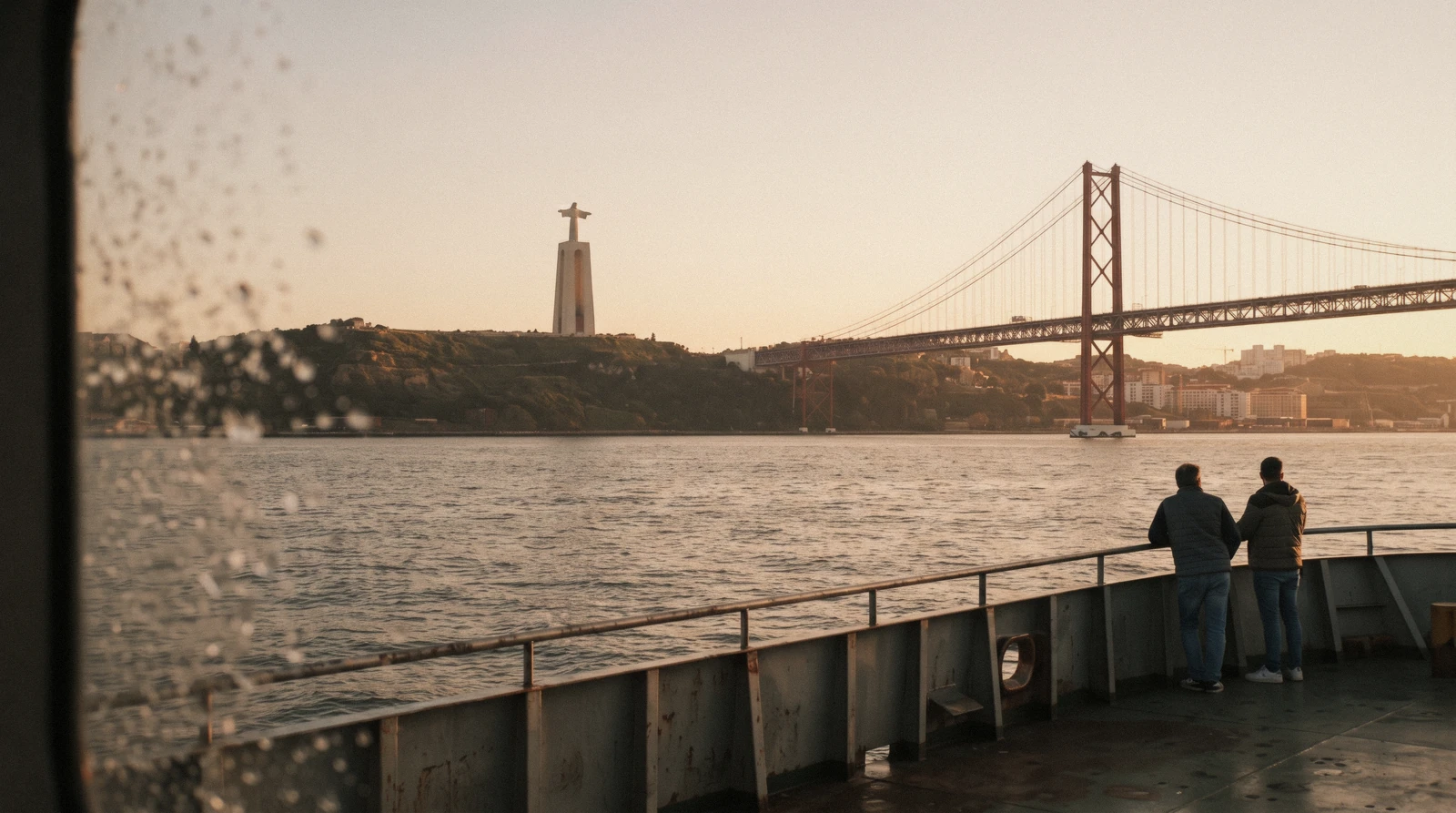 The Cristo Rei statue on its pedestal above Almada seen from the Cacilhas ferry at 17:30 with the Ponte 25 de Abril to the right, Cristo Rei Lisbon