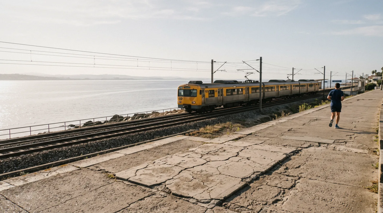 The Cascais line train running along the Tagus shore at Paço de Arcos in morning light, the start of most day trips from Lisbon