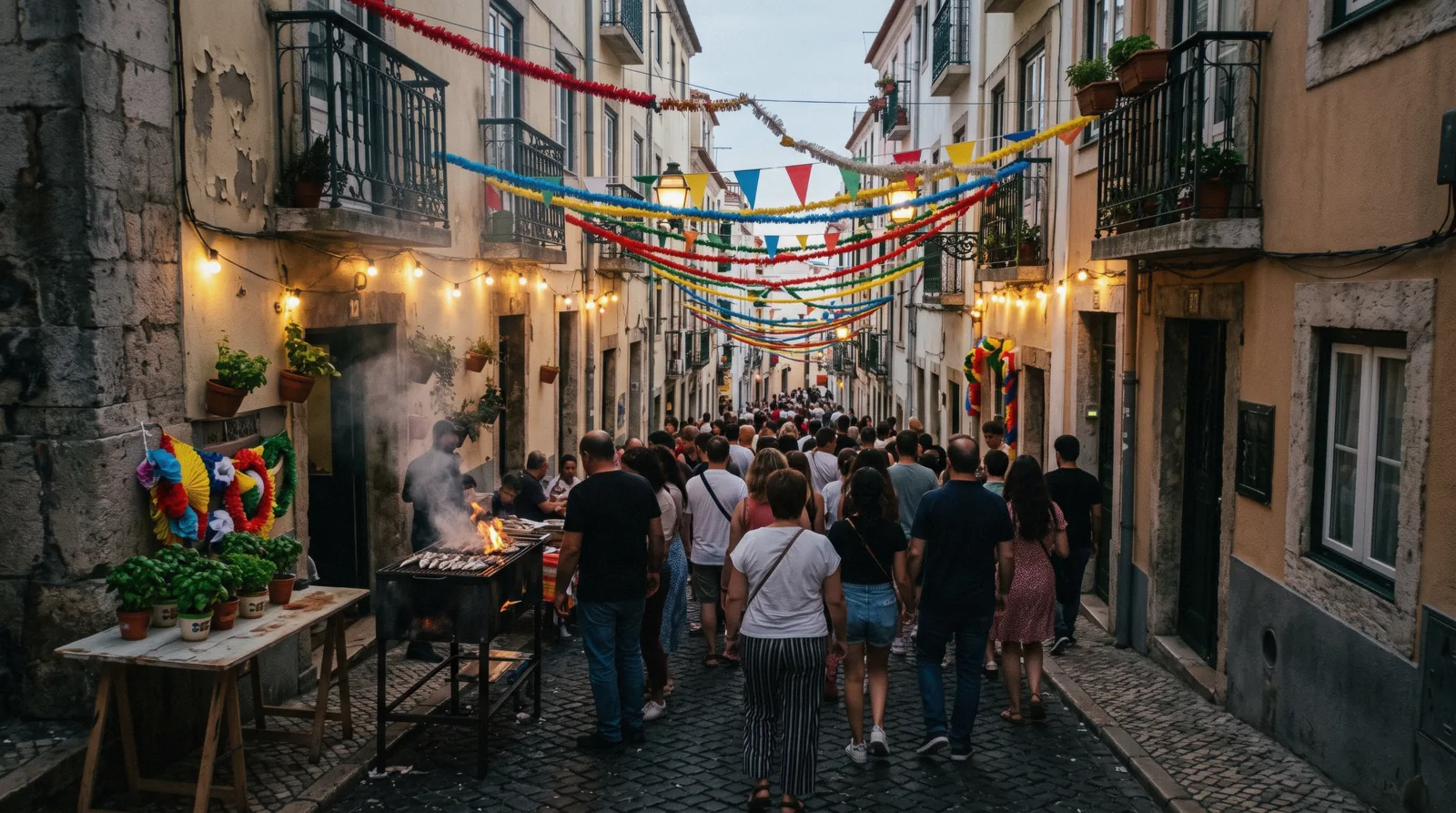 Paper garlands strung across an Alfama lane at dusk on 12 June with a sardine grill smoking below, the night at the centre of the Lisbon events calendar