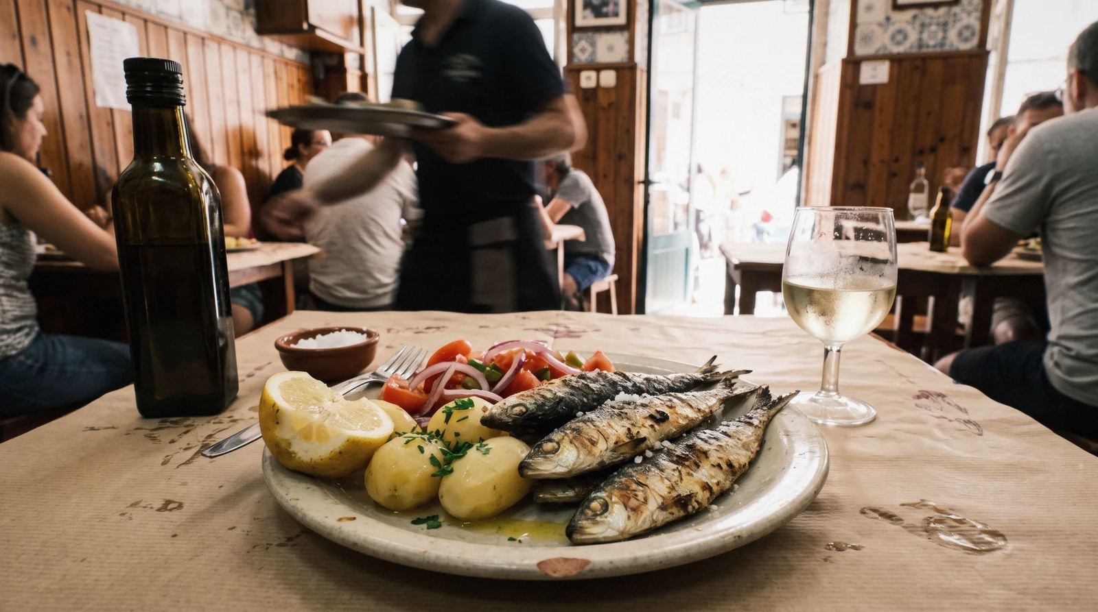 A plate of grilled sardines with boiled potatoes and salad on a paper tablecloth in a Lisbon tasca, the naturally gluten-free end of eating in Lisbon