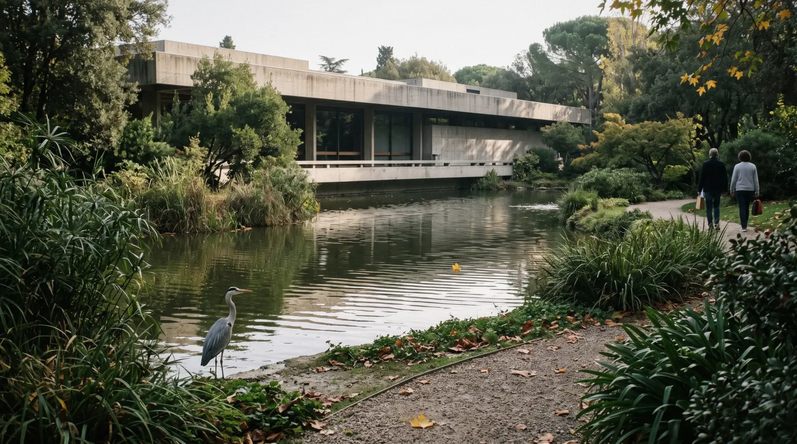 Low concrete museum building beside the lake in the Gulbenkian garden at 09:40, Gulbenkian Museum Lisbon, with a heron on the water