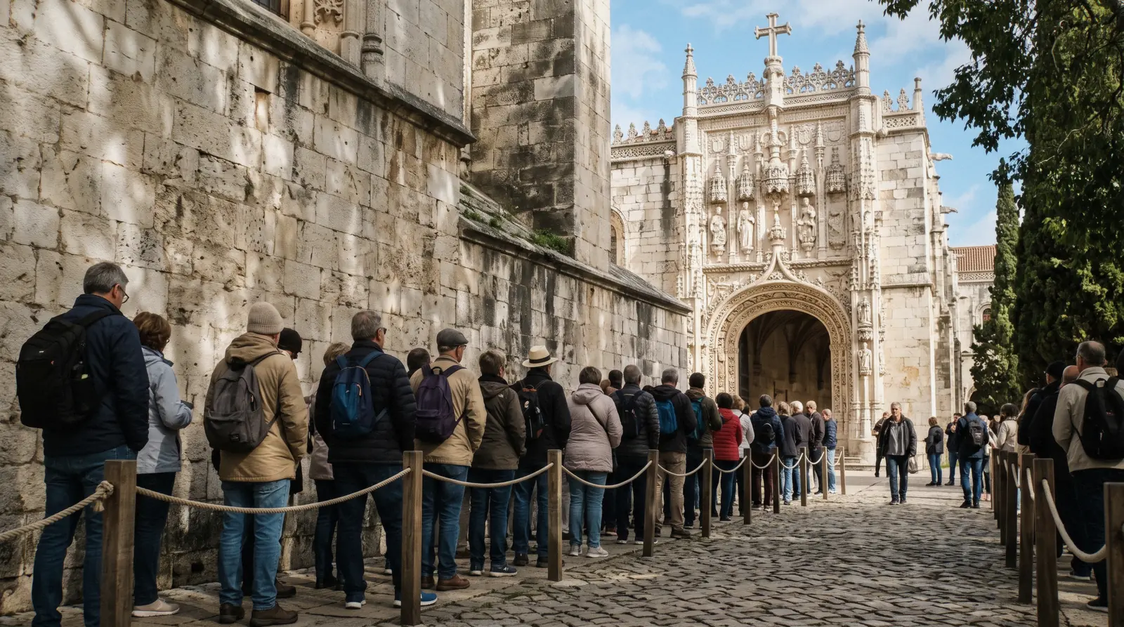 The cloister ticket control and the line along the west façade of the Jerónimos Monastery at 10:45, Jerónimos Monastery tickets Lisbon