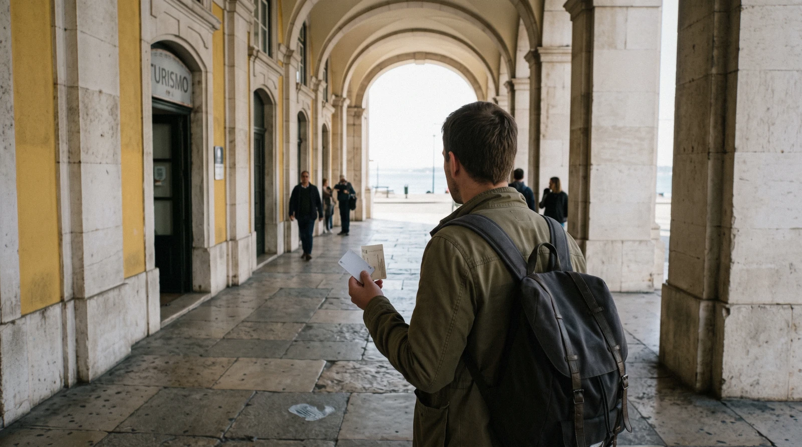 A visitor holding a plain city pass and a paper metro card at the Terreiro do Paço tourist office at 10:05, the Lisboa Card collection point