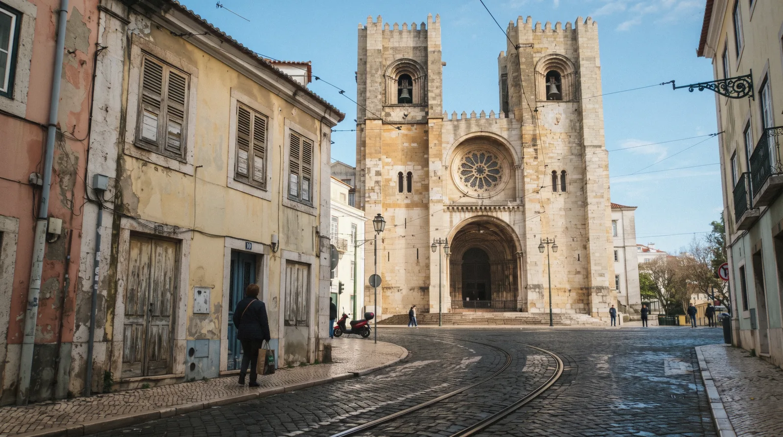 The twin fortress towers and rose window of Lisbon Cathedral at 09:40 from Largo da Sé with tram rails in the foreground, Lisbon Cathedral, Sé de Lisboa