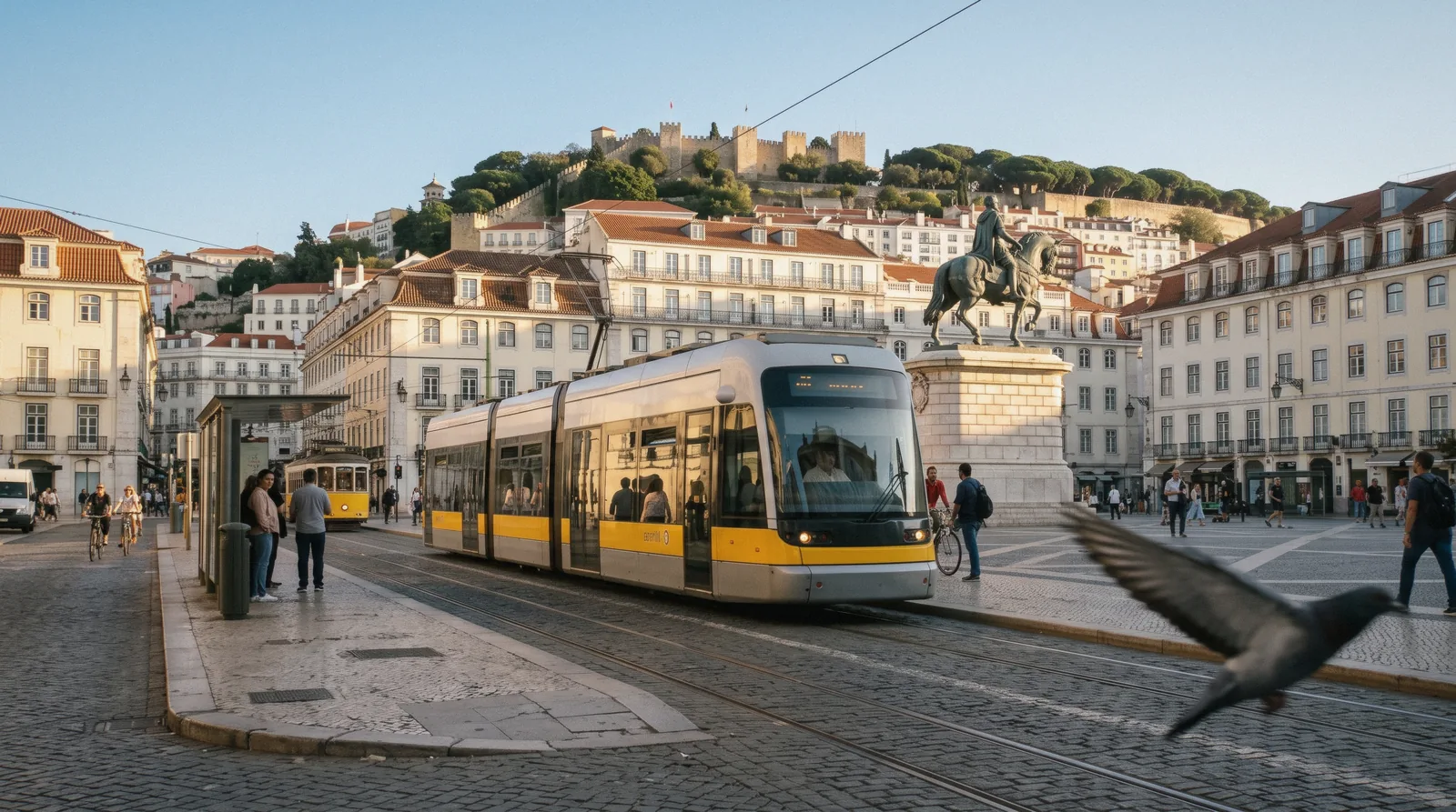 Tram 15E pulling away from Praça da Figueira at 08:20 with the Jerónimos Monastery bound crowd aboard, the first move of Lisbon in one day