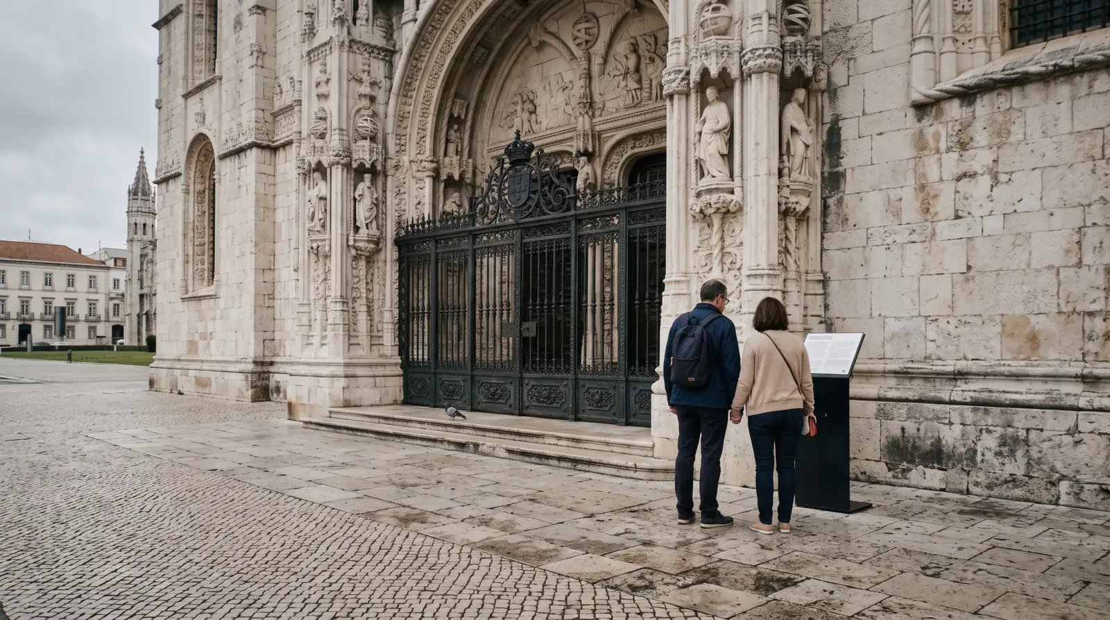 The closed iron gate of the Jerónimos Monastery cloister entrance on a quiet Monday morning, the emptiest Lisbon monday closed scene in Belém