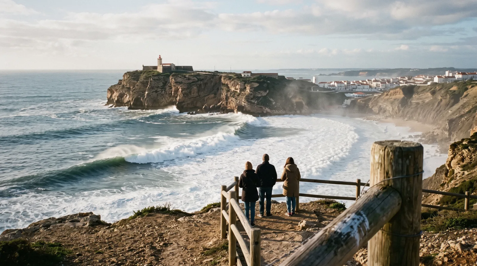 The lighthouse fort on the Sítio headland above Praia do Norte with a winter swell breaking below, seen on a Nazaré from Lisbon day