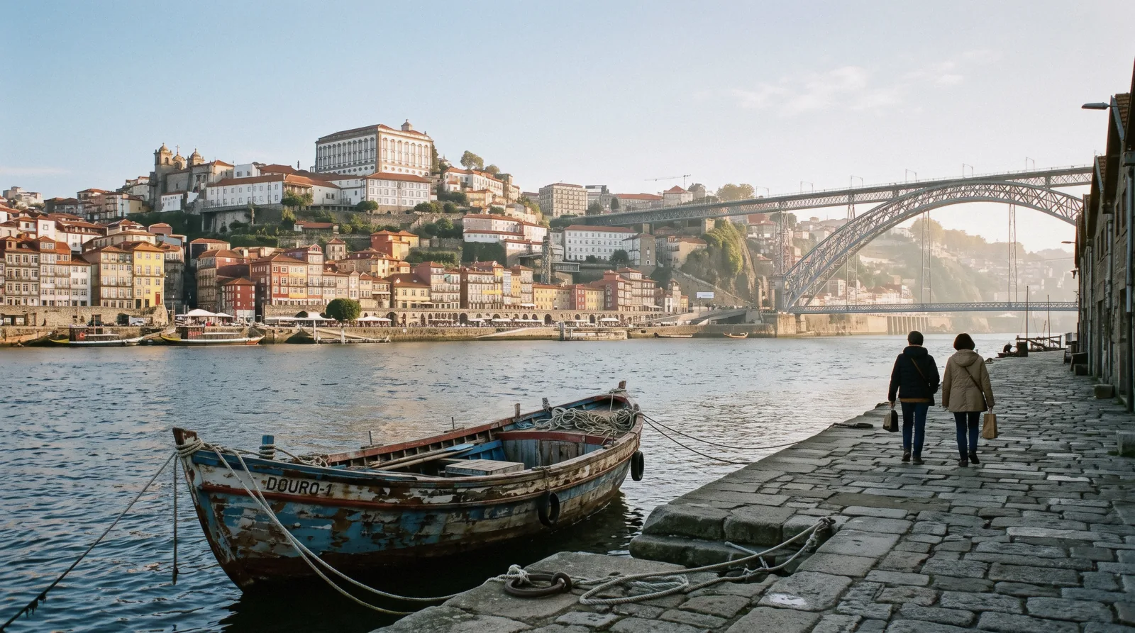 Ribeira waterfront and the Dom Luís I bridge seen from the Gaia bank at the end of a day in Porto from Lisbon