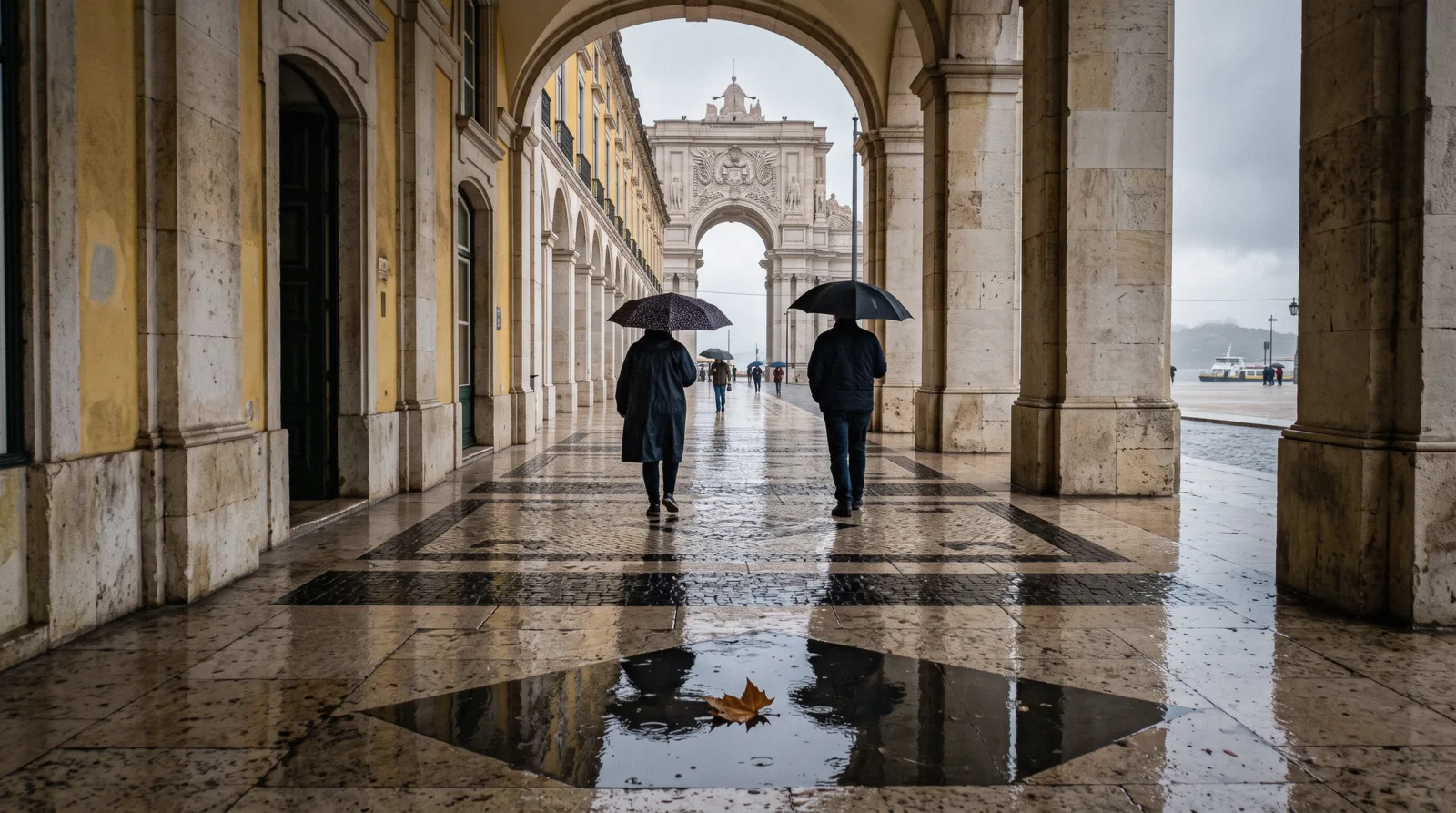 Wet calçada pavement reflecting the arcades of Praça do Comércio under a grey sky, a Lisbon rainy day seen from the river side of the square