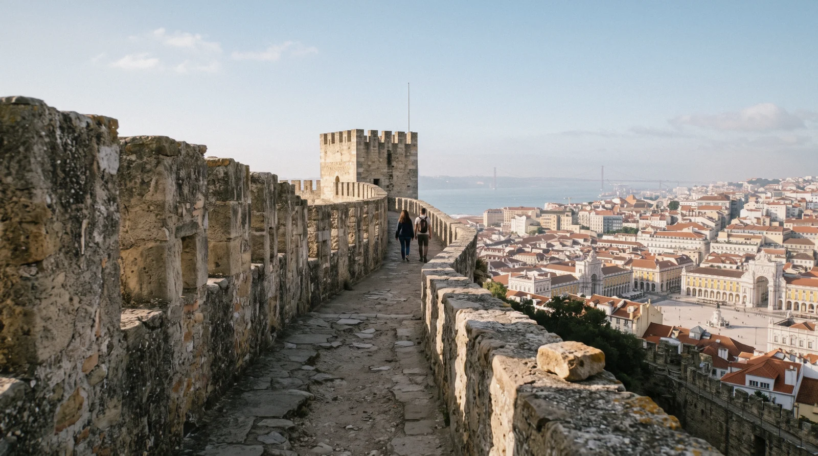 Rampart walk of São Jorge Castle at 08:55 with the Tagus and the Baixa grid below, São Jorge Castle Lisbon