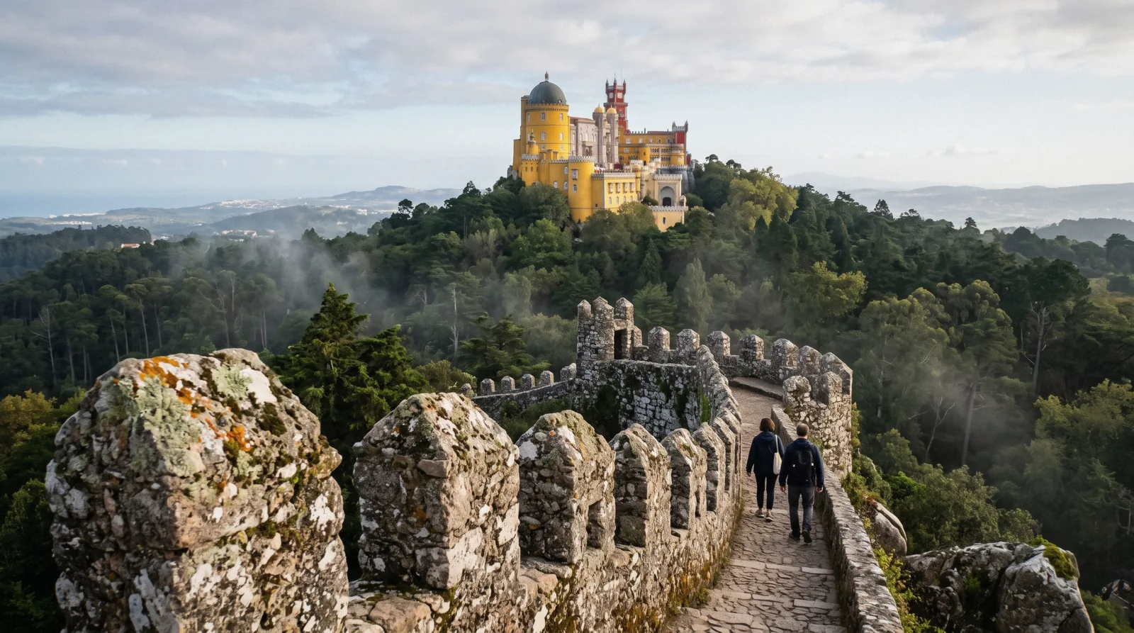 Pena Palace's yellow and red towers above the morning mist of the Sintra hills, the destination of a Sintra day trip from Lisbon