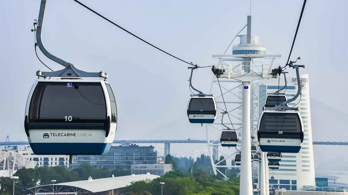 Cable car cabins over the Parque das Nações waterfront with the Vasco da Gama Bridge behind, on a Nations Park gondola round trip in Lisbon