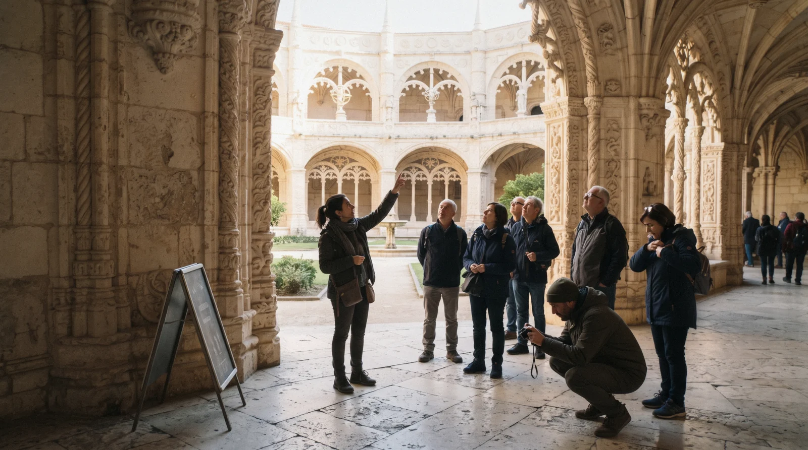A guide pointing up at the carved upper arcade of the Jerónimos cloister for a small group, one of the Lisbon tours compared on this page